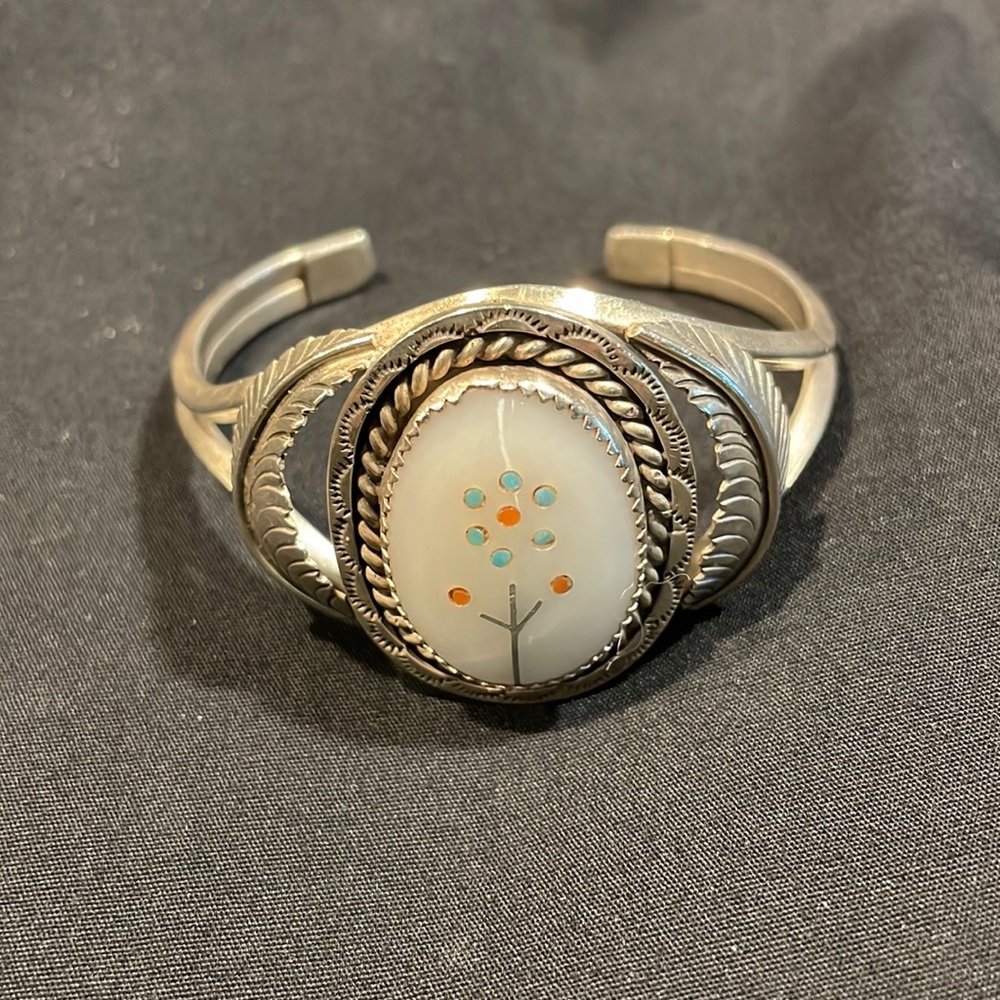 Sterling Silver Cuff Stone Inlay Bracelet Leaf Rope Coral Quartz Turquoise 1 oz